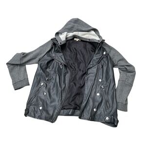 Democracy Moto Faux Leather Jacket Gray Hoodie Knit Sleeves‎ Women's Size M